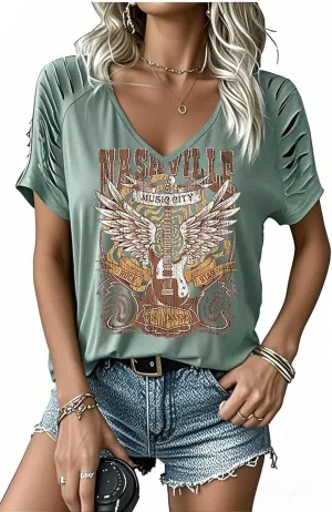 LANMERTREE Cut Out V Neck T Shirts Nashville Outfits for Women Casual Loose Shirt Country Music Graphic Tee Shirts