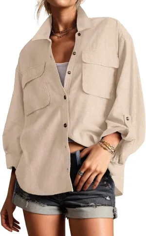 Lepunuo Womens Shacket Long Sleeve Shirt Jacket Button Down Linen Roll-up 3/4 Sleeves Shirts Blouses Tops Streetwear