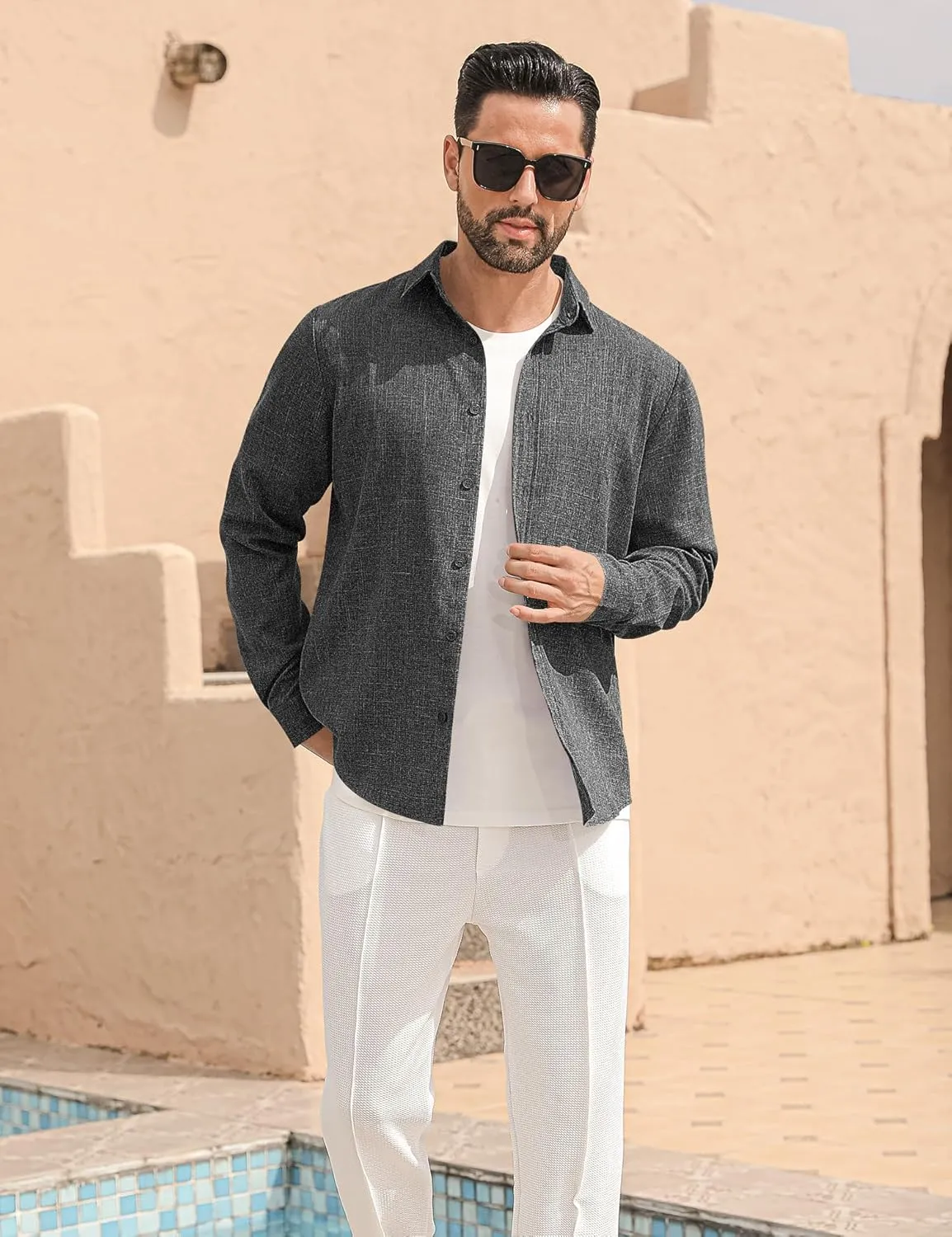 LETSEE Men's Linen Shirts Long Sleeve Untucked Casual Button Down Shirts for Men Business Dress Clothes Fashion Beach Tops