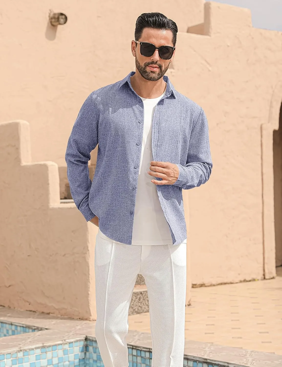 LETSEE Men's Linen Shirts Long Sleeve Untucked Casual Button Down Shirts for Men Business Dress Clothes Fashion Beach Tops