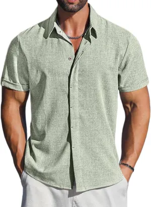 LETSEE Men's Linen Shirts Short Sleeve Button Down Casual Dress Shirts for Men Beach Vacation Shirt Fashion Summer Clothes