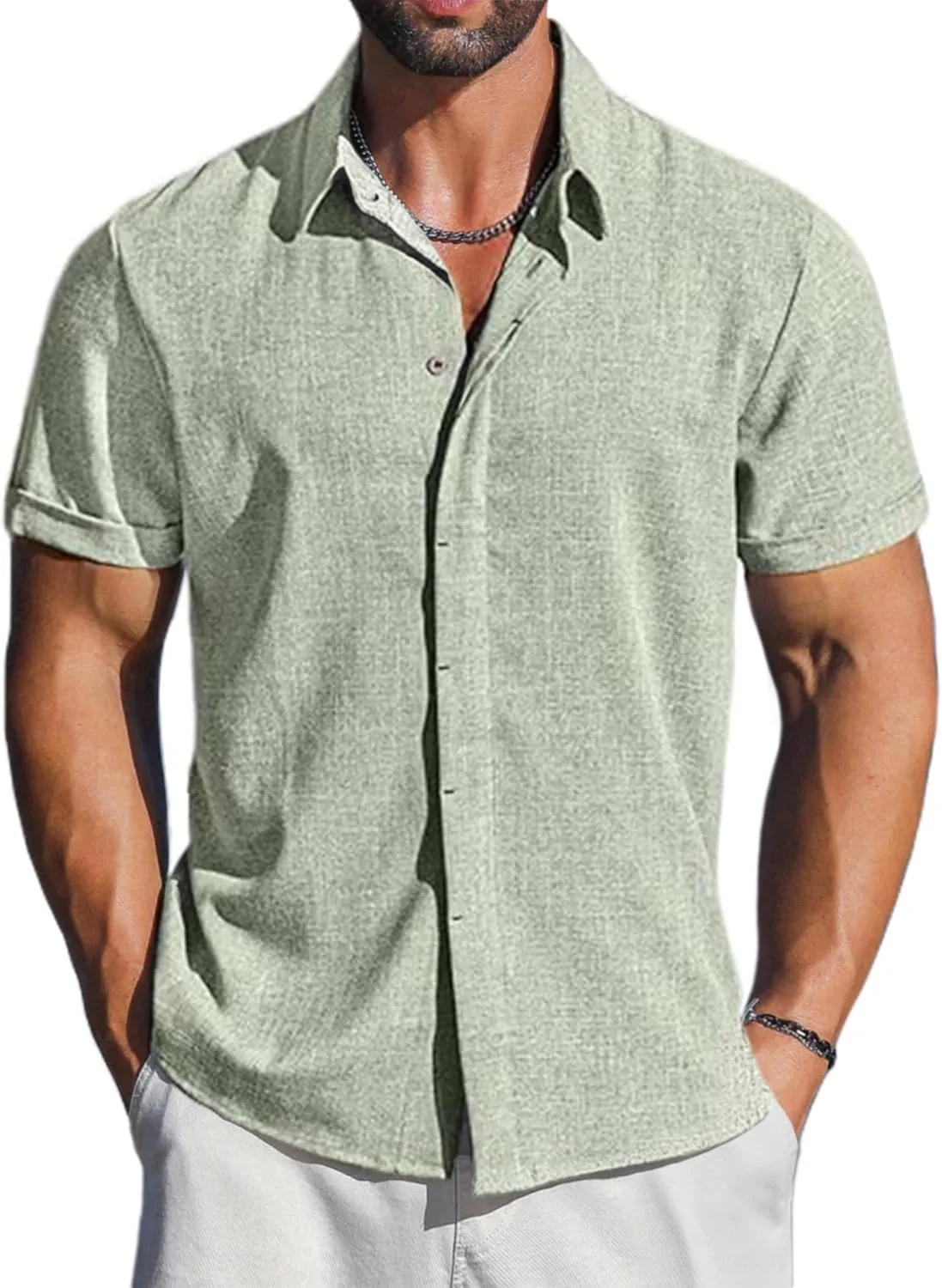 LETSEE Men's Linen Shirts Short Sleeve Button Down Casual Dress Shirts for Men Beach Vacation Shirt Fashion Summer Clothes