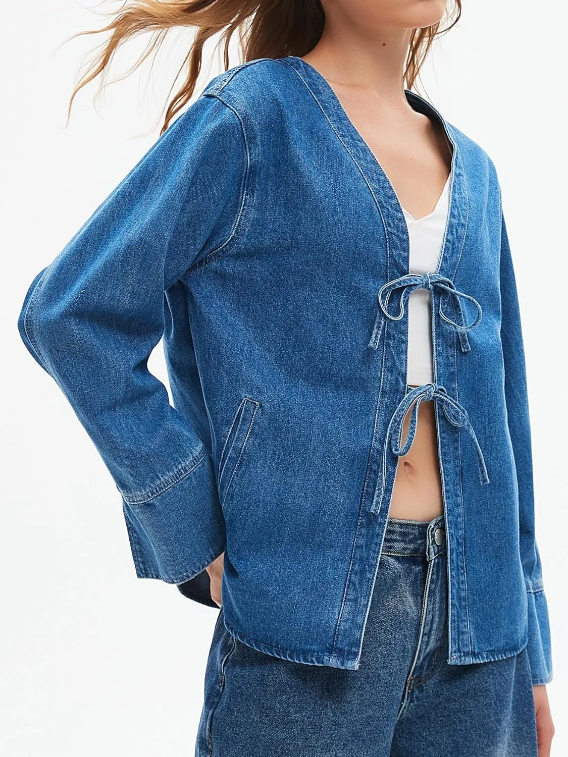LifeShe Jean Jacket Women Tie Front Top Loose Wide Sleeve Denim Shacket Lightweight V Neck Coat