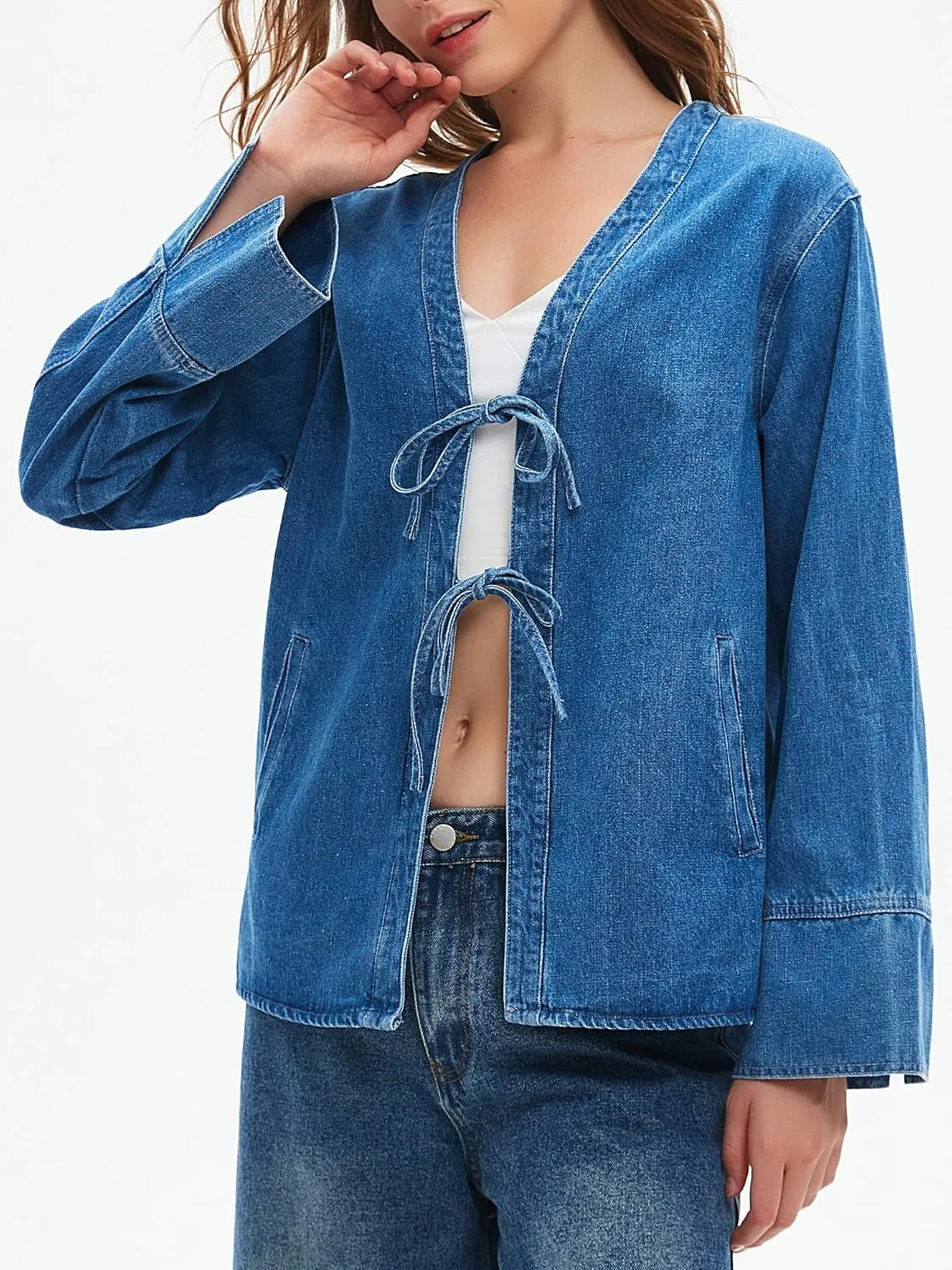 LifeShe Jean Jacket Women Tie Front Top Loose Wide Sleeve Denim Shacket Lightweight V Neck Coat