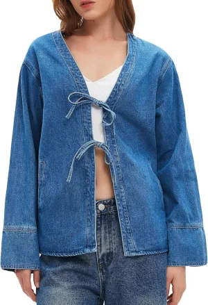 LifeShe Jean Jacket Women Tie Front Top Loose Wide Sleeve Denim Shacket Lightweight V Neck Coat