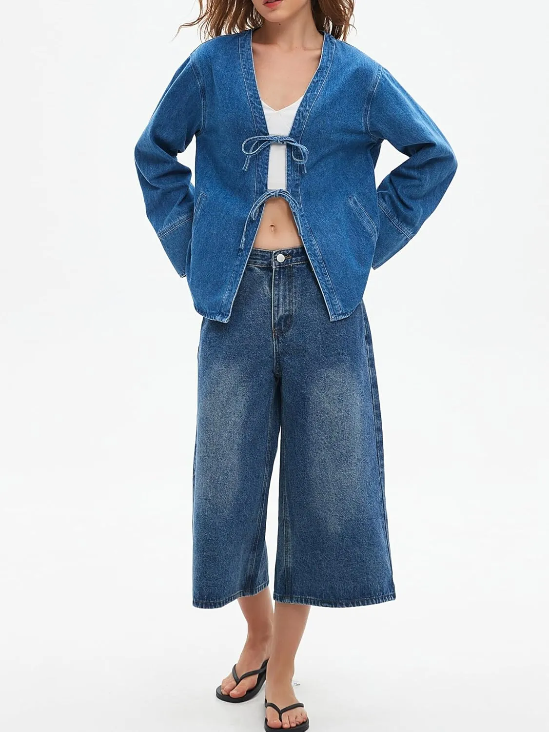 LifeShe Jean Jacket Women Tie Front Top Loose Wide Sleeve Denim Shacket Lightweight V Neck Coat