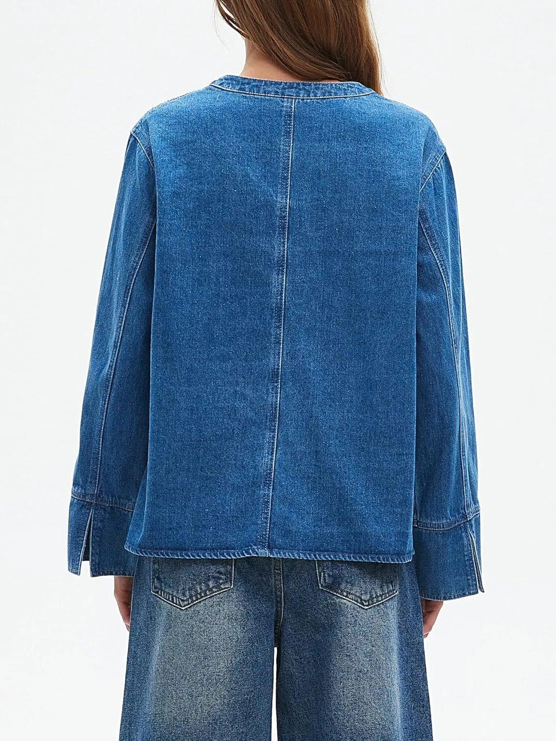 LifeShe Jean Jacket Women Tie Front Top Loose Wide Sleeve Denim Shacket Lightweight V Neck Coat