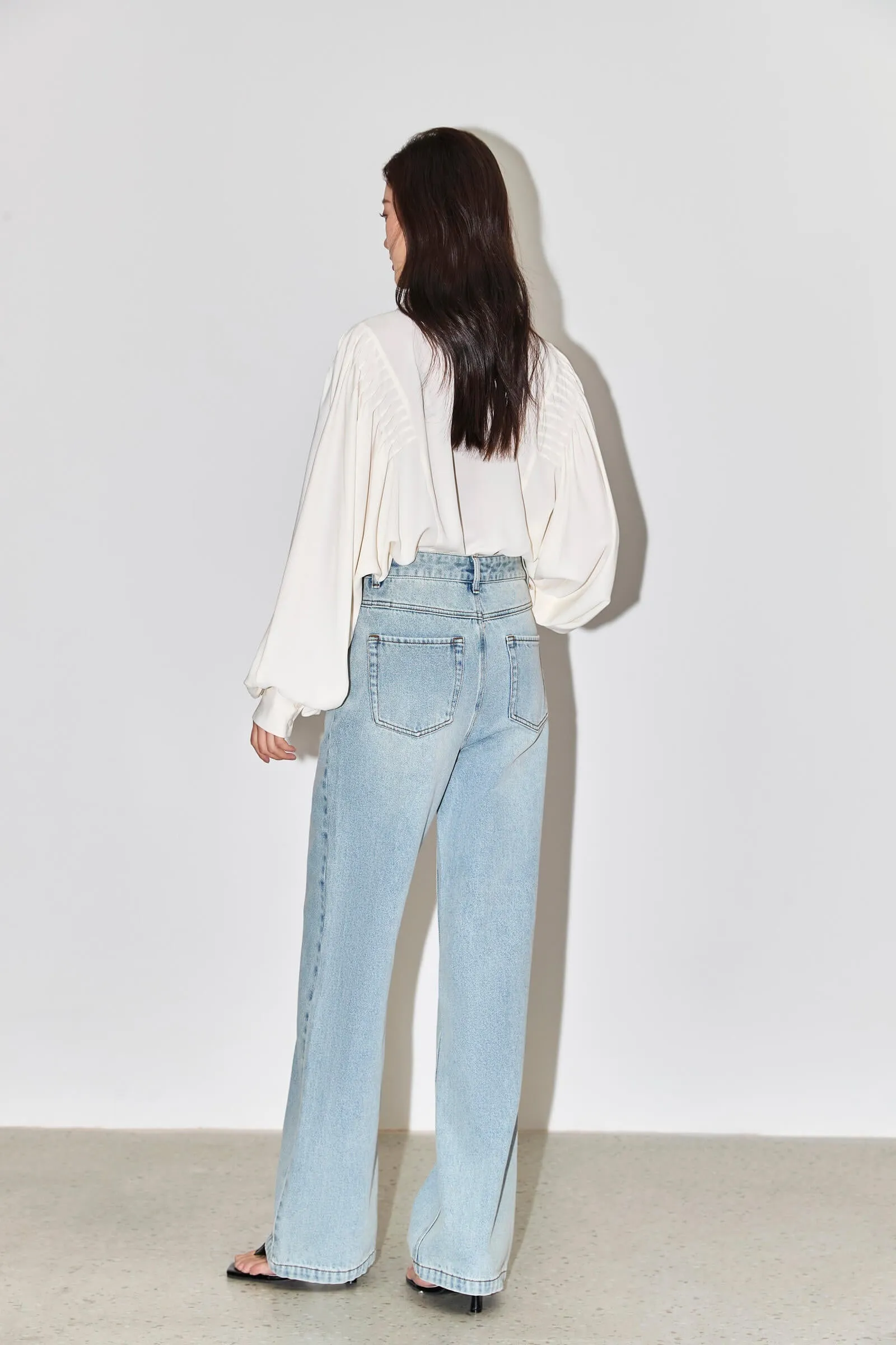 LILY Pleated Lantern-sleeved White Shirt