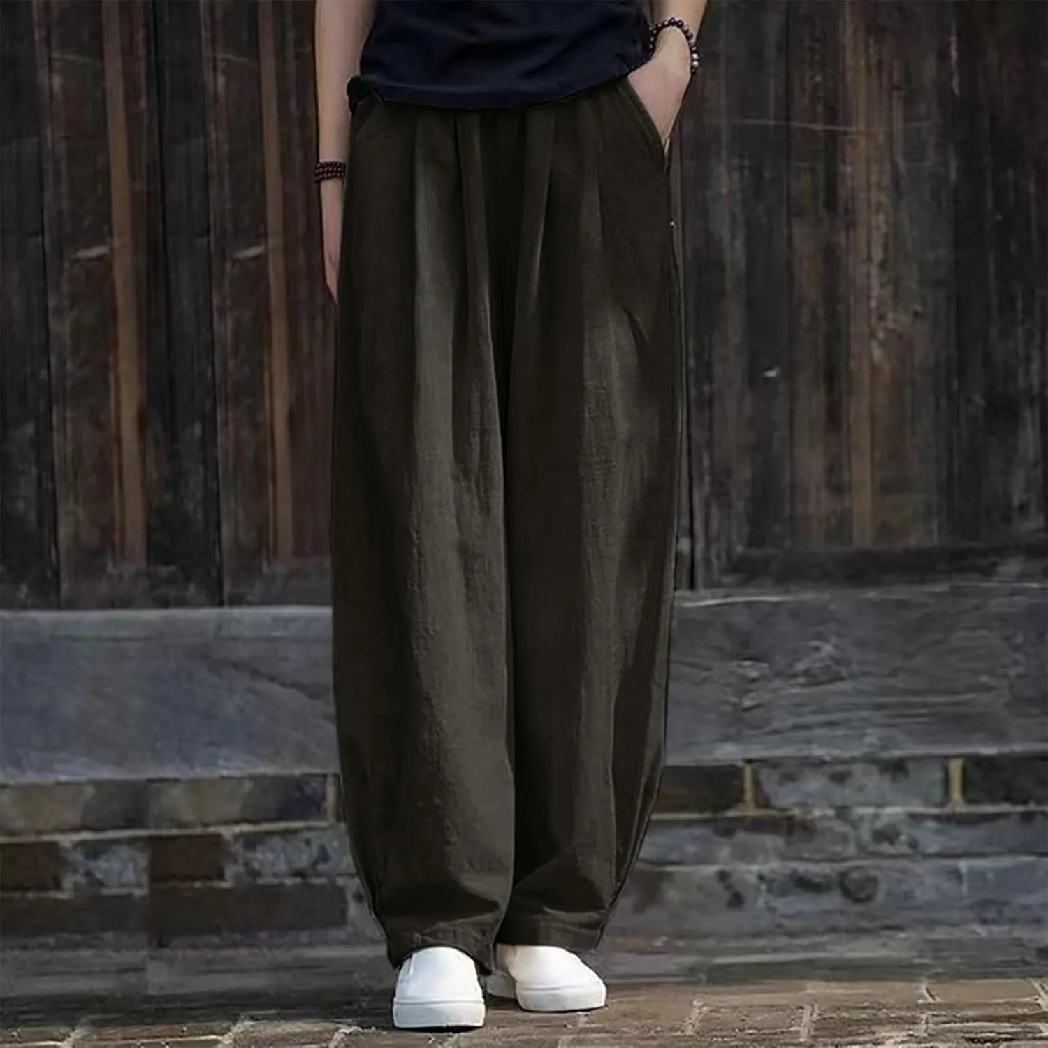 Linen Pants Women High Waist Drawstring Casual Palazzo Pant Wide Leg Side Slit Pant Loose Beach Cropped Trouser