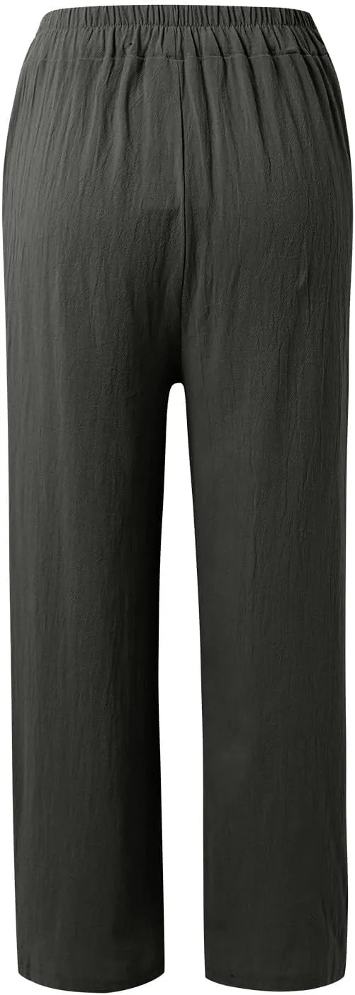 Linen Pants Women High Waist Drawstring Casual Palazzo Pant Wide Leg Side Slit Pant Loose Beach Cropped Trouser
