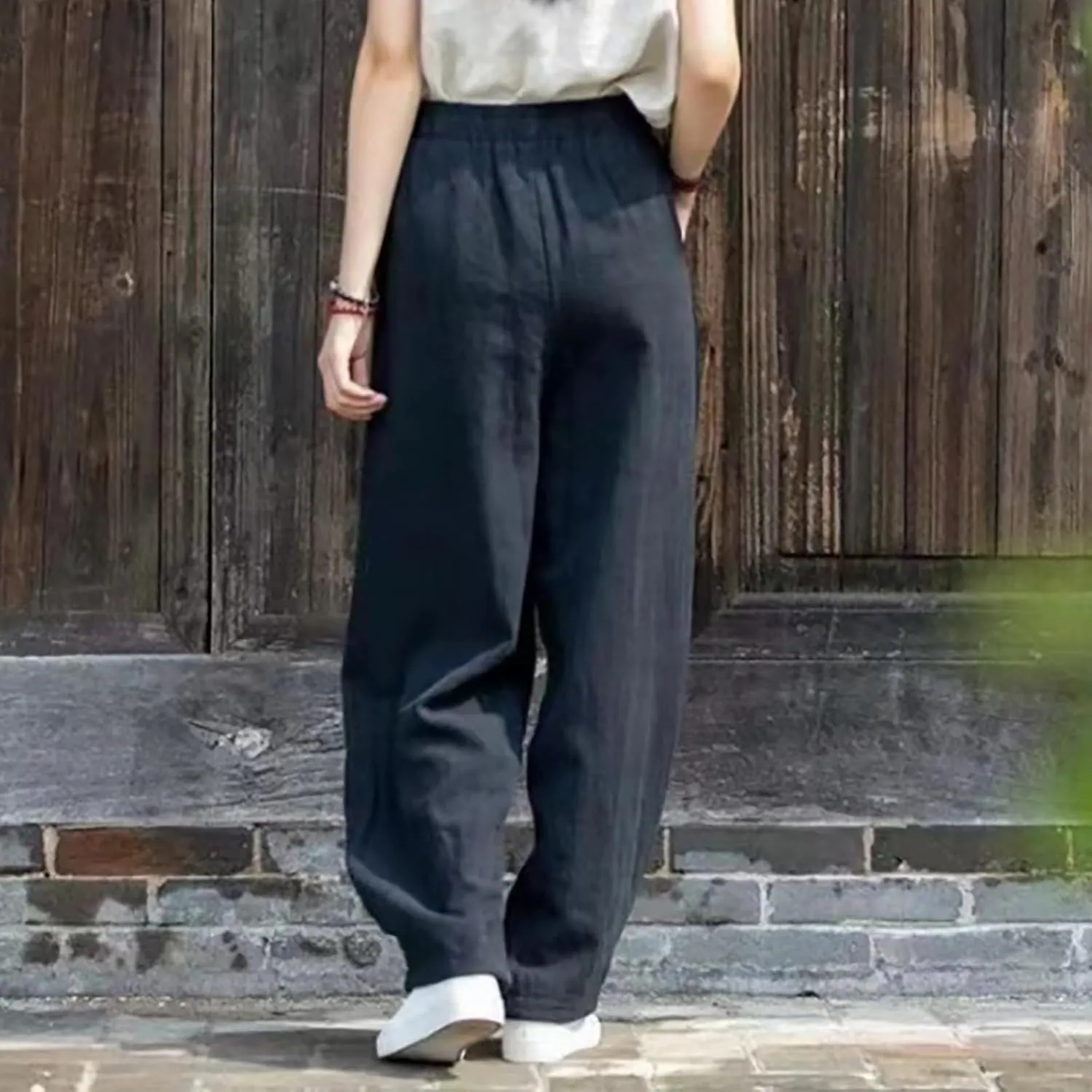Linen Pants Women High Waist Drawstring Casual Palazzo Pant Wide Leg Side Slit Pant Loose Beach Cropped Trouser