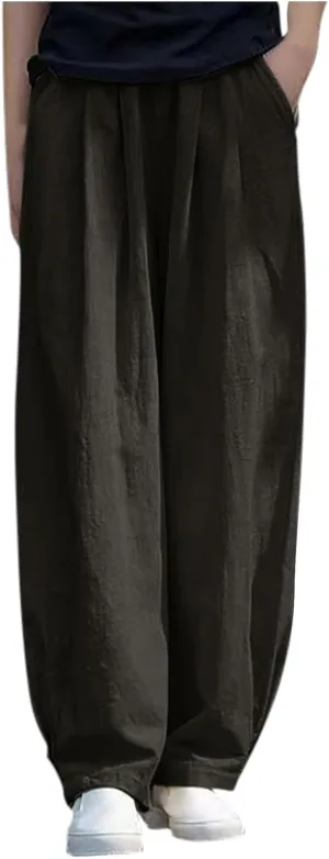 Linen Pants Women High Waist Drawstring Casual Palazzo Pant Wide Leg Side Slit Pant Loose Beach Cropped Trouser