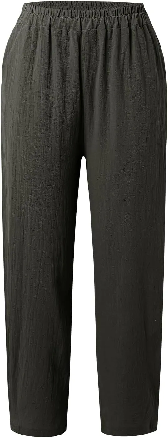 Linen Pants Women High Waist Drawstring Casual Palazzo Pant Wide Leg Side Slit Pant Loose Beach Cropped Trouser