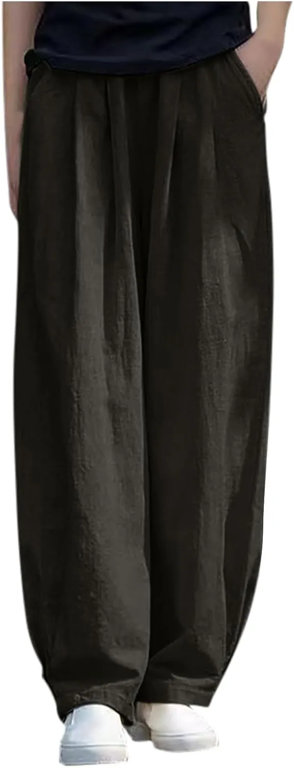 Linen Pants Women High Waist Drawstring Casual Palazzo Pant Wide Leg Side Slit Pant Loose Beach Cropped Trouser