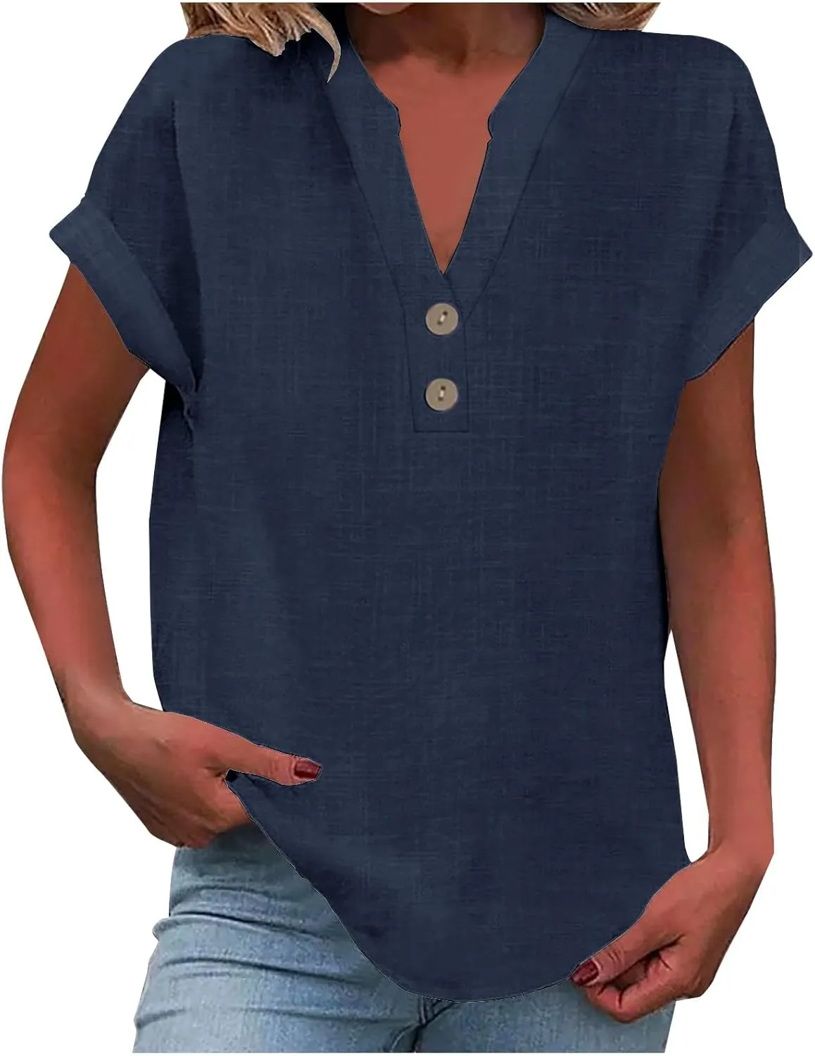 Linen Shirts for Women V Neck Cap Sleeve Summer Tops 2025 Women Casual Button Down Shirts Solid Business Work Blouses