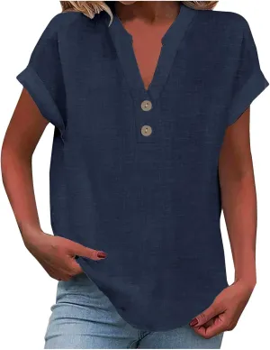 Linen Shirts for Women V Neck Cap Sleeve Summer Tops 2025 Women Casual Button Down Shirts Solid Business Work Blouses