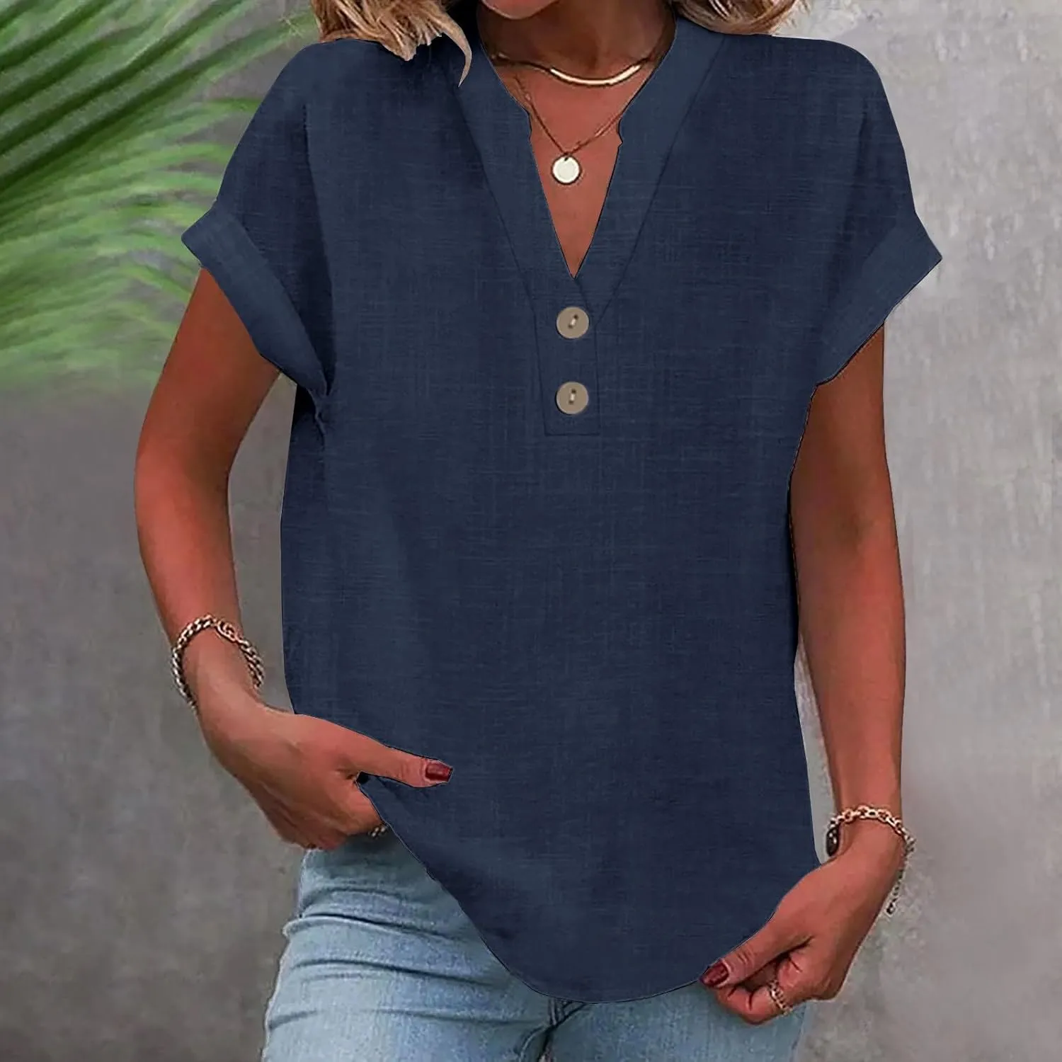 Linen Shirts for Women V Neck Cap Sleeve Summer Tops 2025 Women Casual Button Down Shirts Solid Business Work Blouses