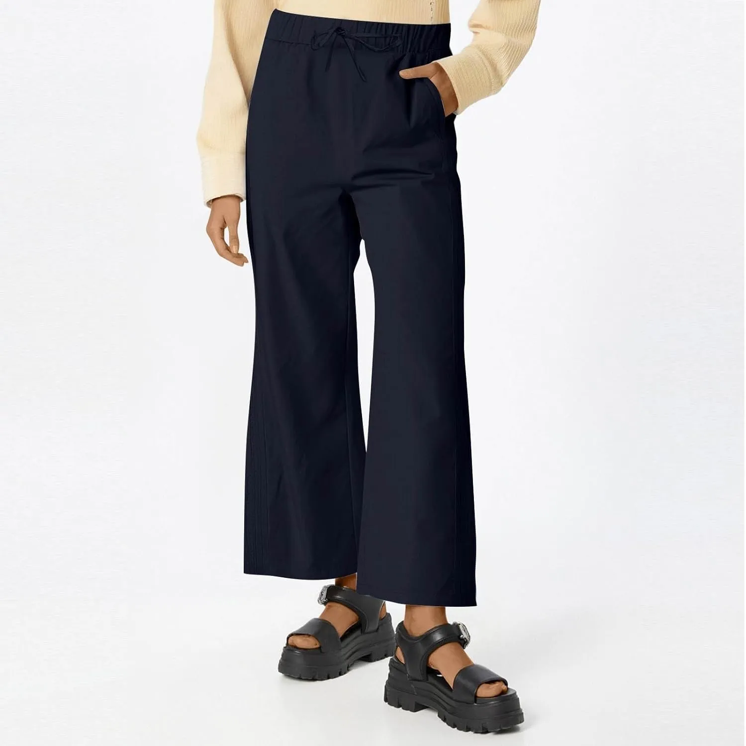 Linen Wide Leg Pants for Women Drawstring High Waisted Palazzo Trousers Loose Casual Summer Cropped Pants with Pockets