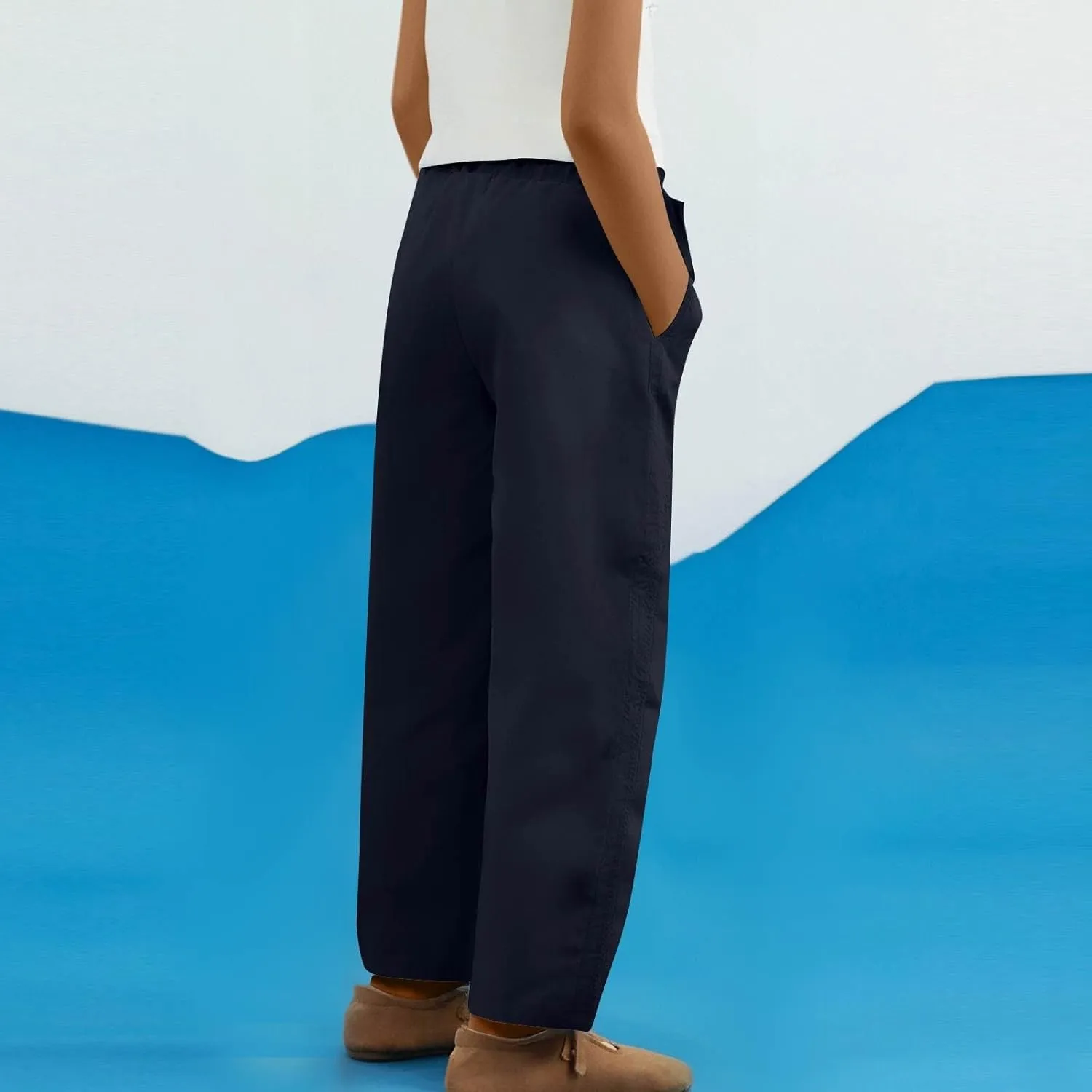 Linen Wide Leg Pants for Women Drawstring High Waisted Palazzo Trousers Loose Casual Summer Cropped Pants with Pockets