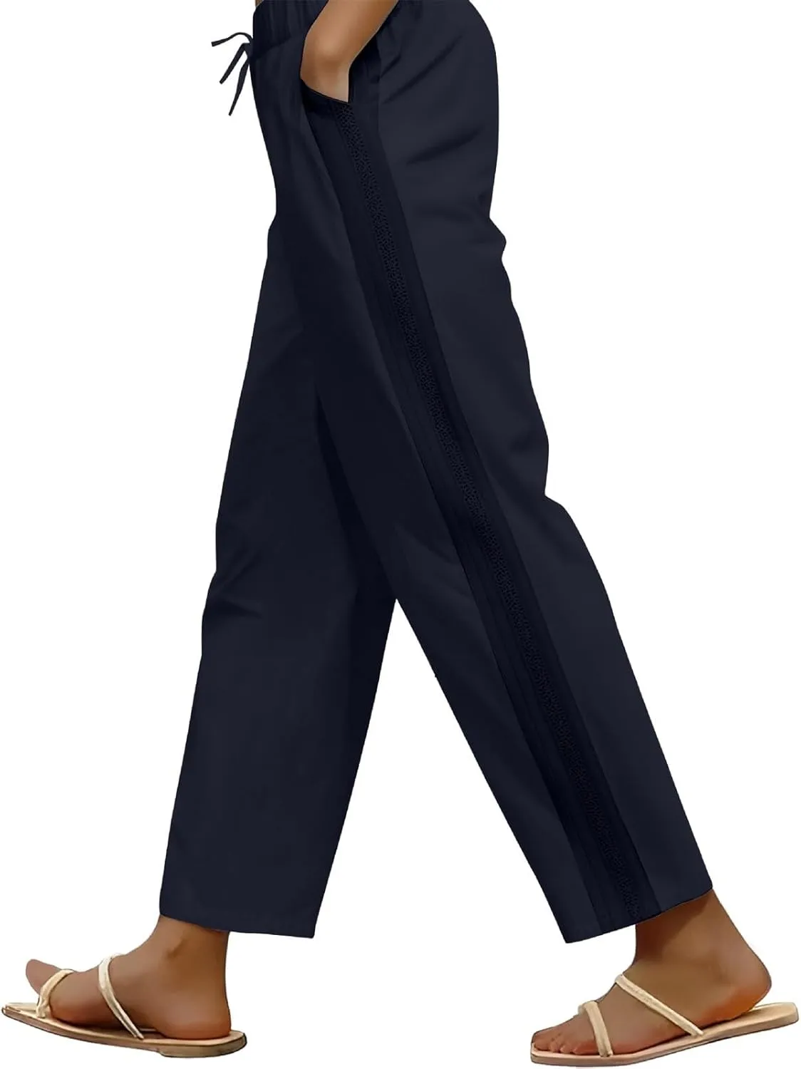 Linen Wide Leg Pants for Women Drawstring High Waisted Palazzo Trousers Loose Casual Summer Cropped Pants with Pockets