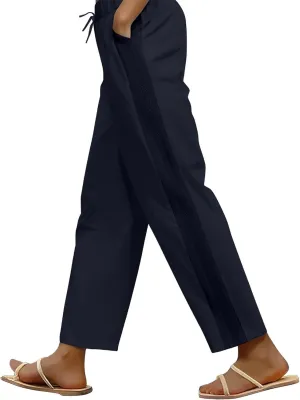 Linen Wide Leg Pants for Women Drawstring High Waisted Palazzo Trousers Loose Casual Summer Cropped Pants with Pockets