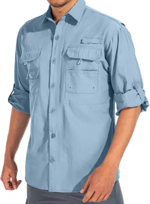 linlon Mens Safari Shirts Long Sleeve UV Protection Hiking Fishing UPF 50  Quick Dry Cooling Camping Travel Shirts