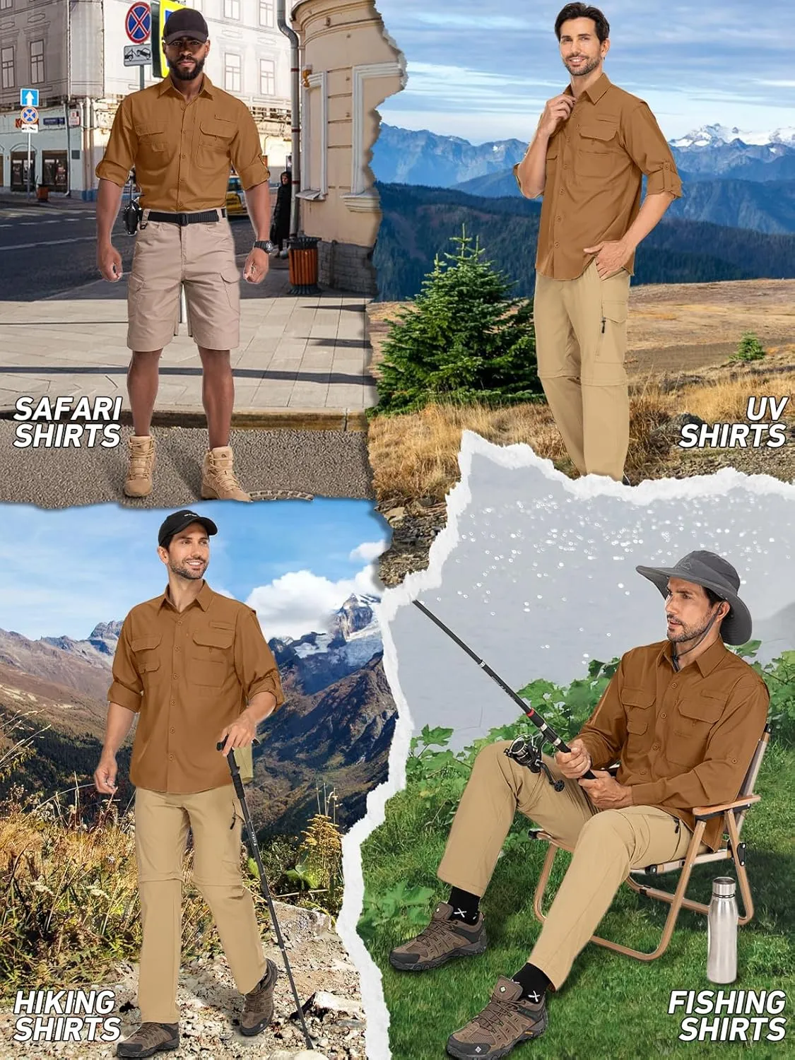 linlon Mens Safari Shirts Long Sleeve UV Protection Hiking Fishing UPF 50  Quick Dry Cooling Camping Travel Shirts