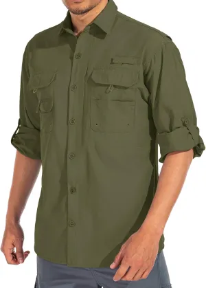 linlon Mens Safari Shirts Long Sleeve UV Protection Hiking Fishing UPF 50  Quick Dry Cooling Camping Travel Shirts
