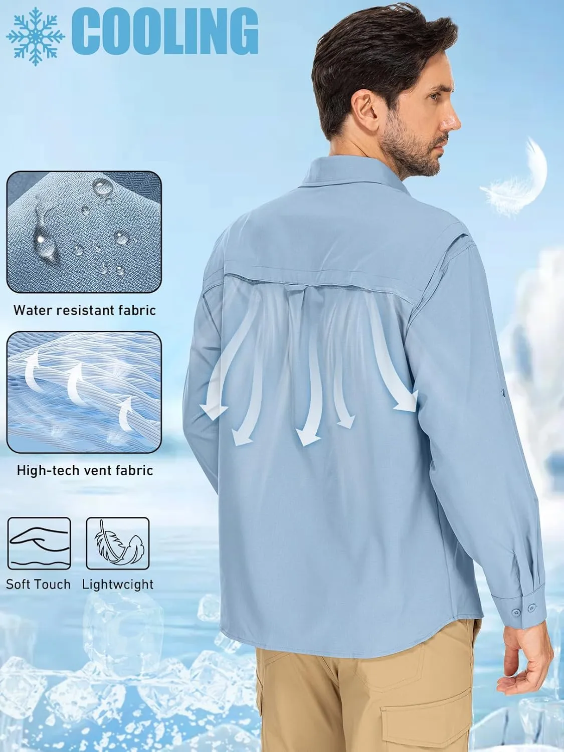 linlon Mens Safari Shirts Long Sleeve UV Protection Hiking Fishing UPF 50  Quick Dry Cooling Camping Travel Shirts