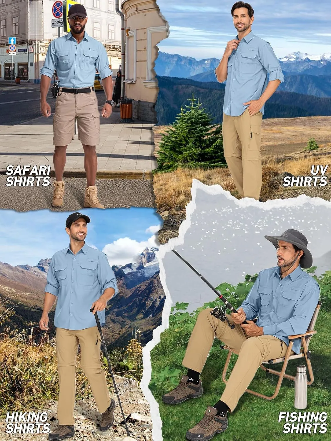 linlon Mens Safari Shirts Long Sleeve UV Protection Hiking Fishing UPF 50  Quick Dry Cooling Camping Travel Shirts