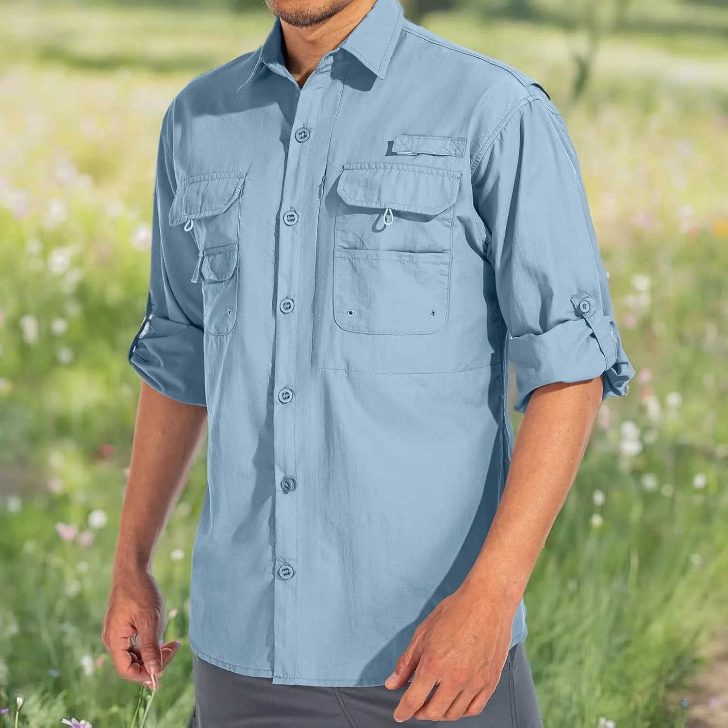 linlon Mens Safari Shirts Long Sleeve UV Protection Hiking Fishing UPF 50  Quick Dry Cooling Camping Travel Shirts
