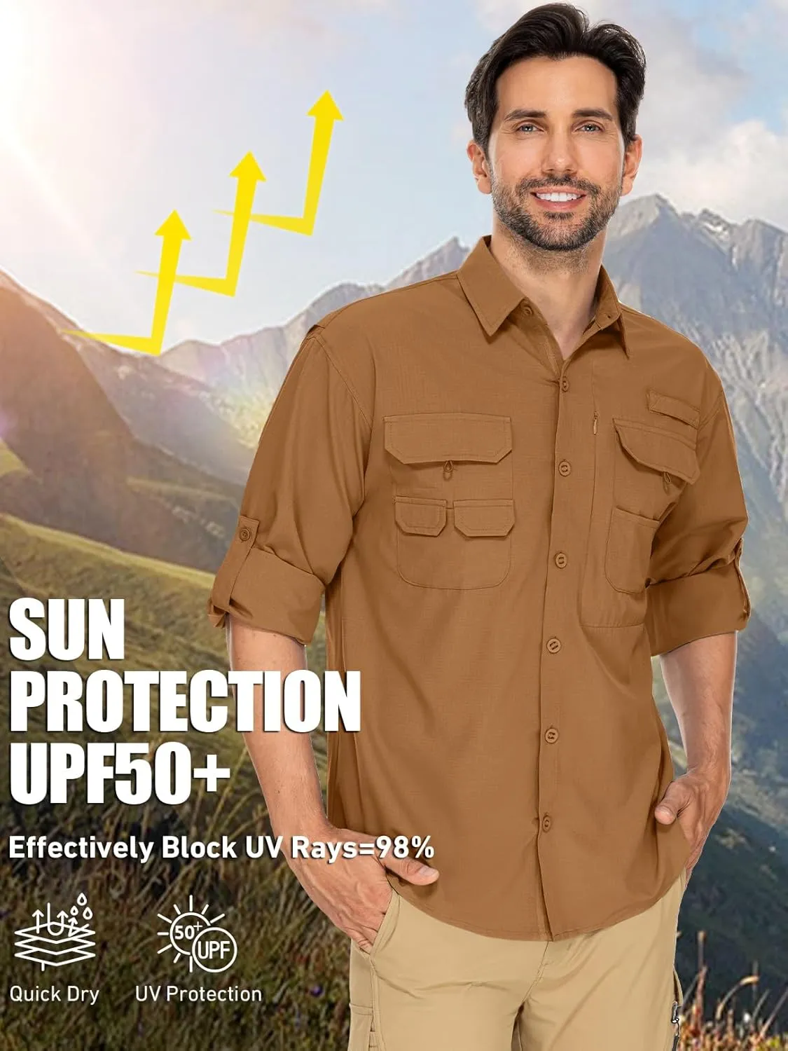 linlon Mens Safari Shirts Long Sleeve UV Protection Hiking Fishing UPF 50  Quick Dry Cooling Camping Travel Shirts