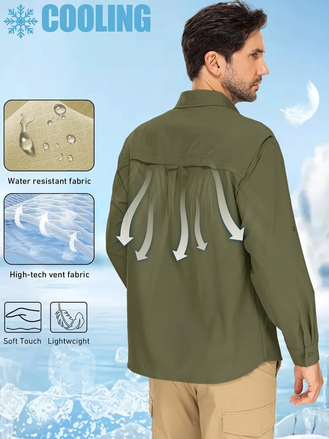 linlon Mens Safari Shirts Long Sleeve UV Protection Hiking Fishing UPF 50  Quick Dry Cooling Camping Travel Shirts