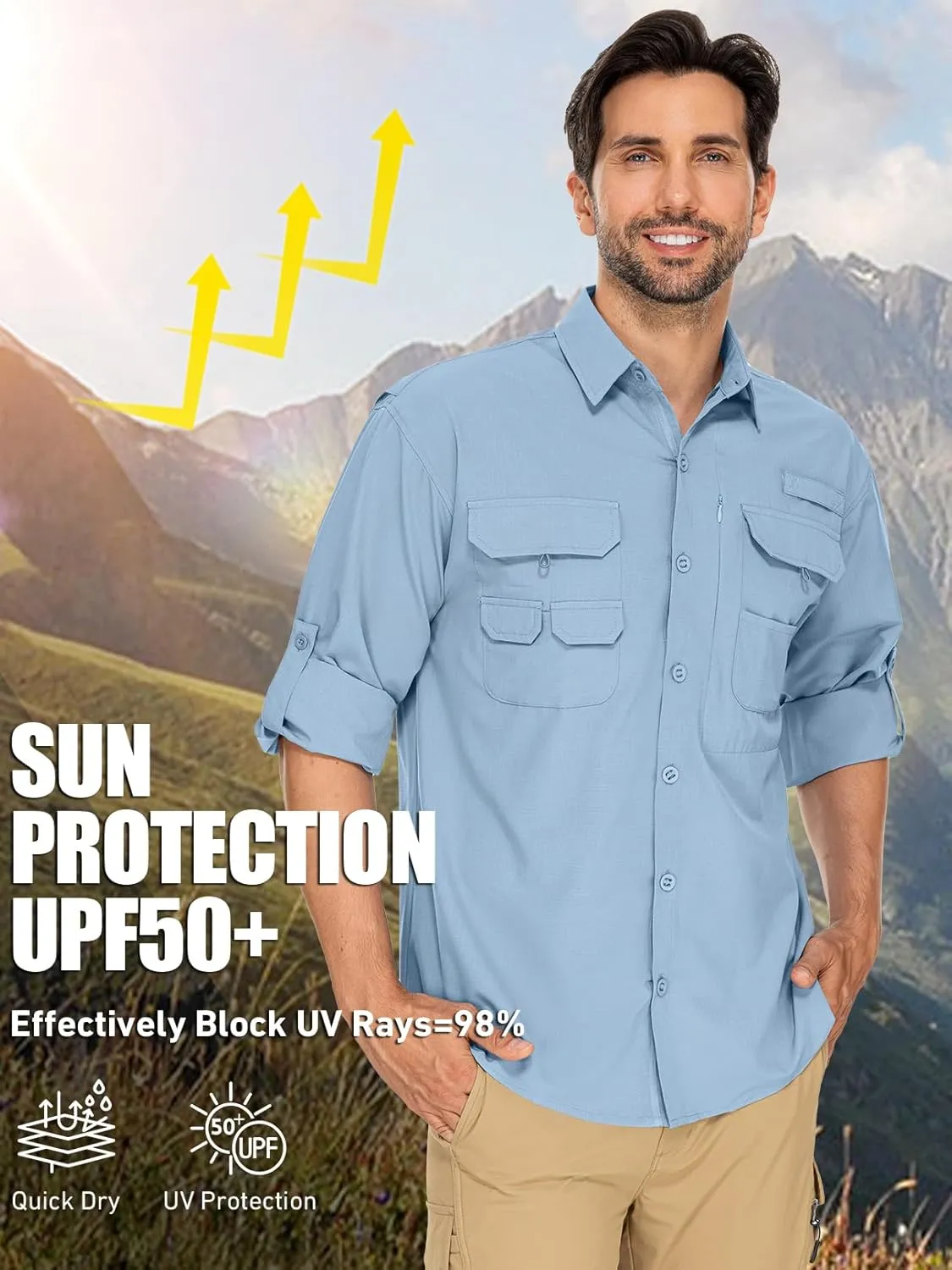 linlon Mens Safari Shirts Long Sleeve UV Protection Hiking Fishing UPF 50  Quick Dry Cooling Camping Travel Shirts