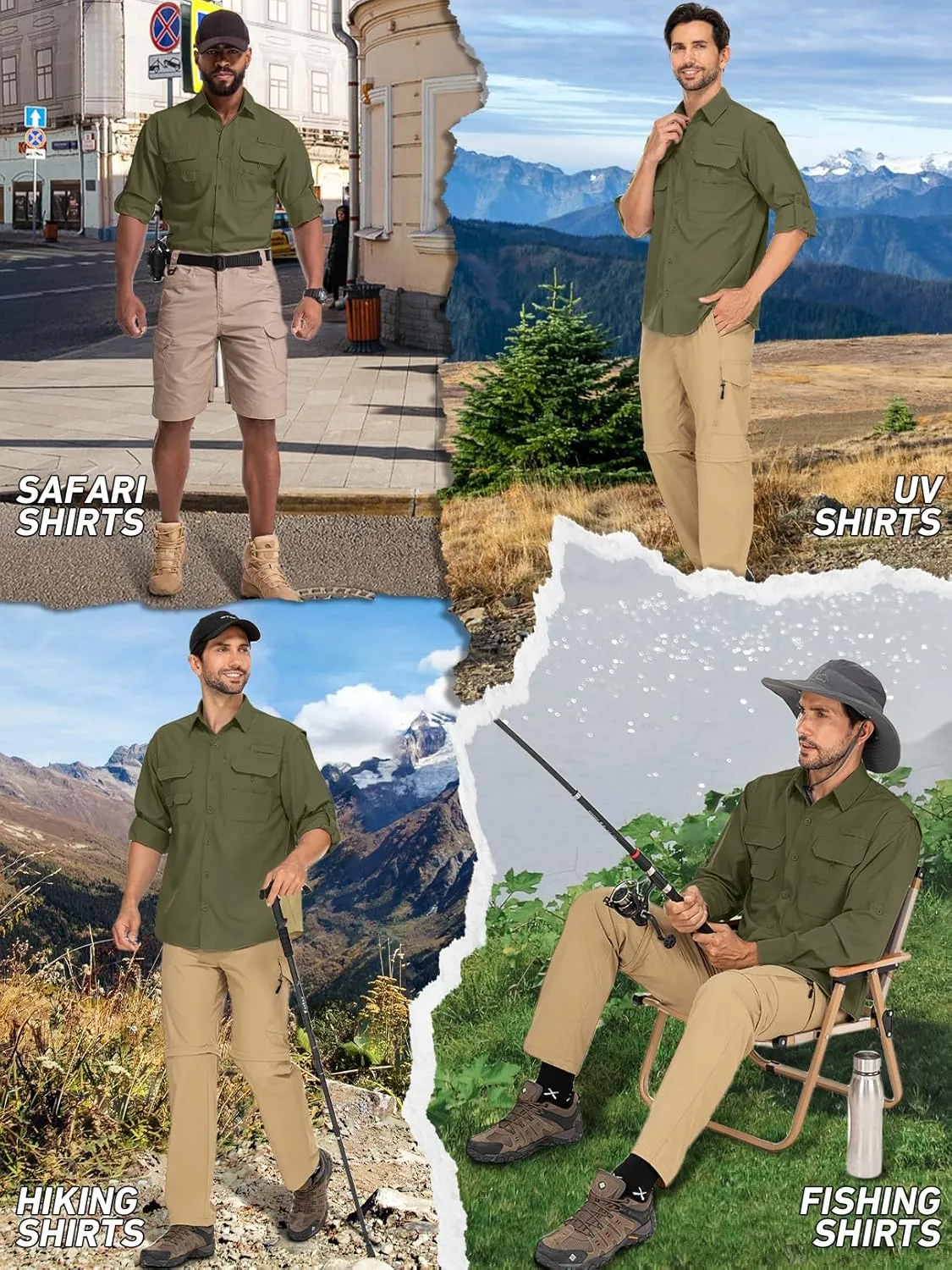 linlon Mens Safari Shirts Long Sleeve UV Protection Hiking Fishing UPF 50  Quick Dry Cooling Camping Travel Shirts