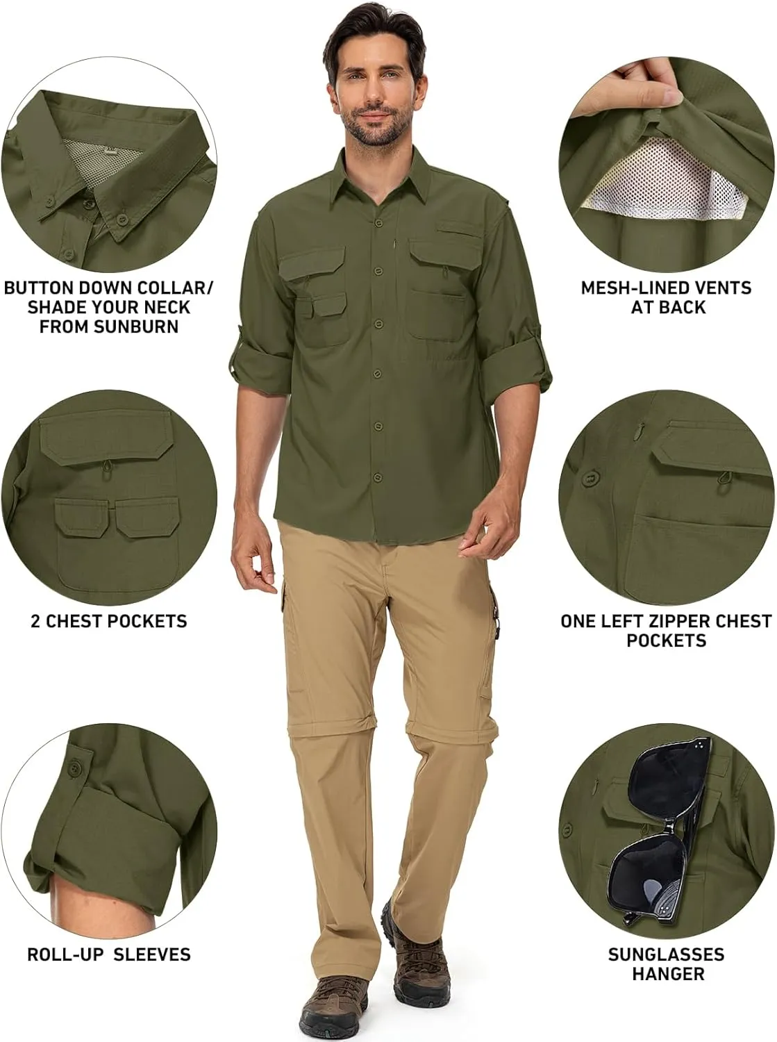 linlon Mens Safari Shirts Long Sleeve UV Protection Hiking Fishing UPF 50  Quick Dry Cooling Camping Travel Shirts