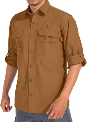 linlon Mens Safari Shirts Long Sleeve UV Protection Hiking Fishing UPF 50  Quick Dry Cooling Camping Travel Shirts