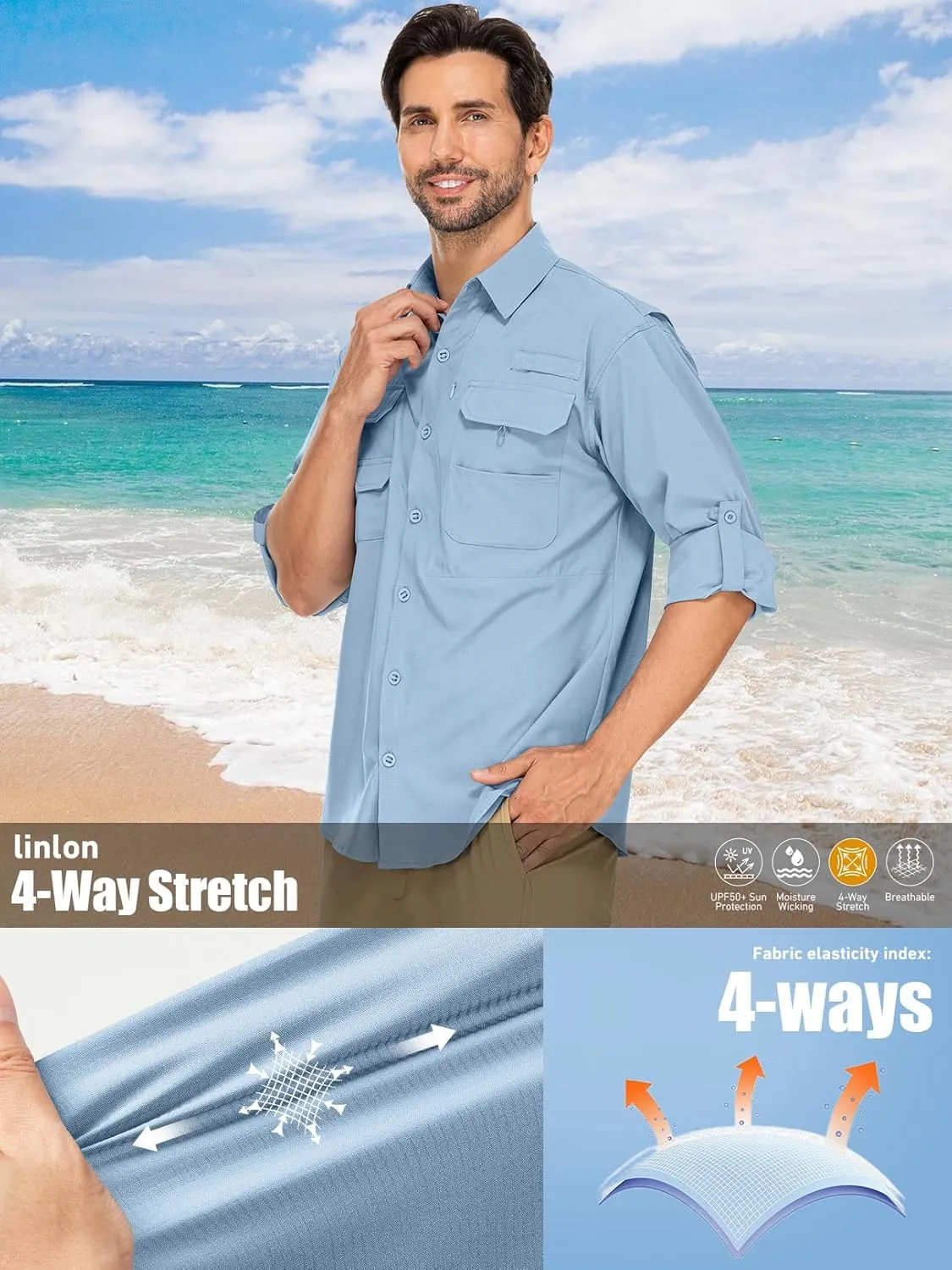 linlon Mens Safari Shirts Long Sleeve UV Protection Hiking Fishing UPF 50  Quick Dry Cooling Camping Travel Shirts