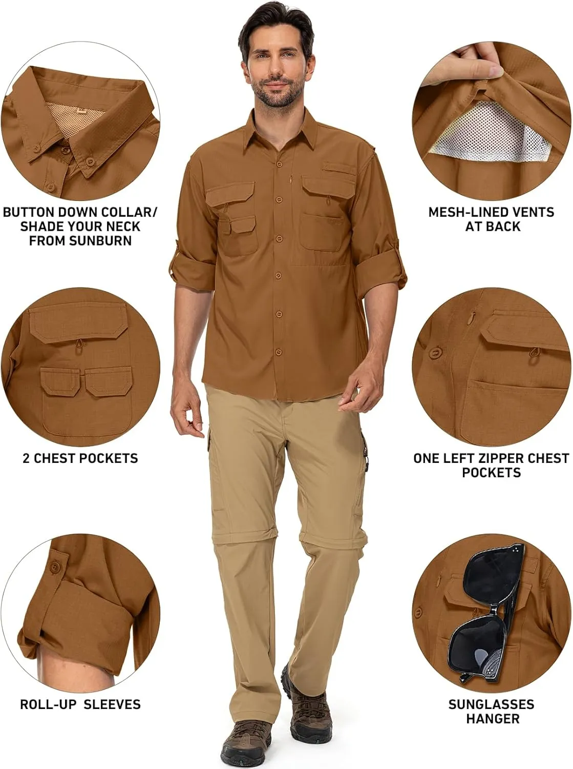 linlon Mens Safari Shirts Long Sleeve UV Protection Hiking Fishing UPF 50  Quick Dry Cooling Camping Travel Shirts