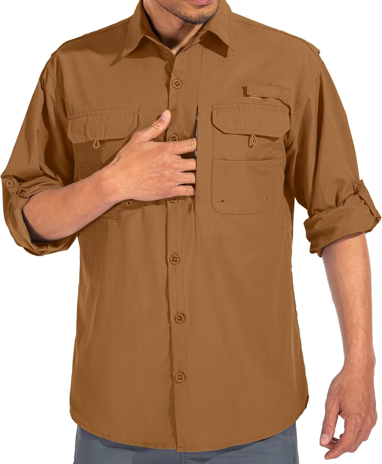 linlon Mens Safari Shirts Long Sleeve UV Protection Hiking Fishing UPF 50  Quick Dry Cooling Camping Travel Shirts