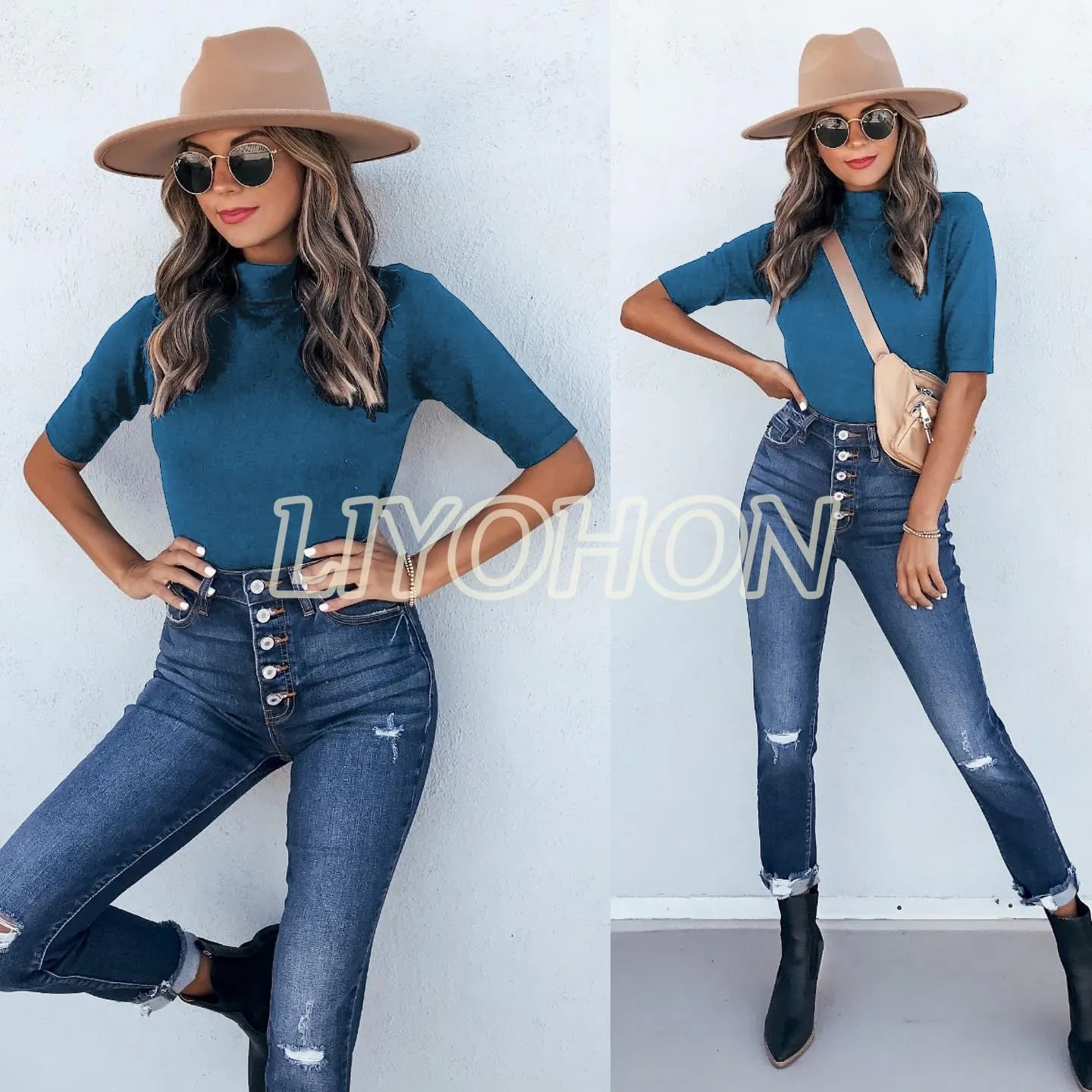 LIYOHON Womens Tops Dressy Casual Mock Turtleneck Business Short Sleeve T Shirts Going Out Tops 2025
