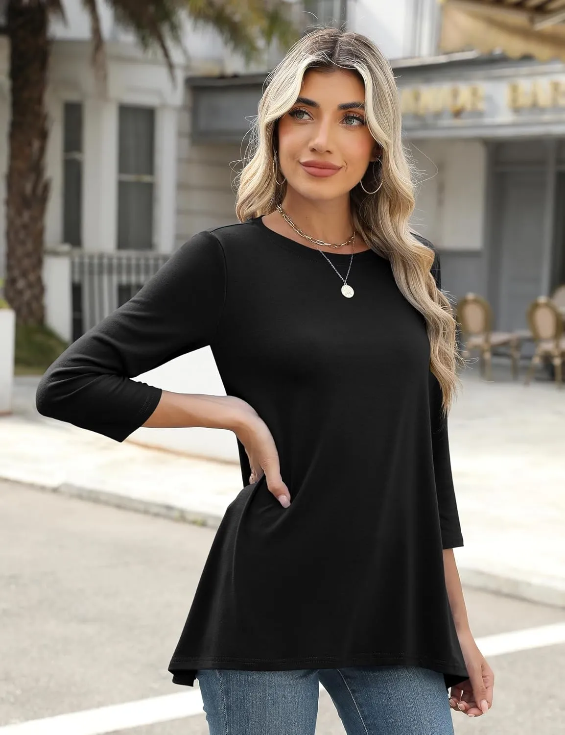 LOMON 3/4 Sleeve Tunic Tops for Women Loose Fit Dressy Casual Blouse Flowy Shirts to Wear with Leggings S-3XL