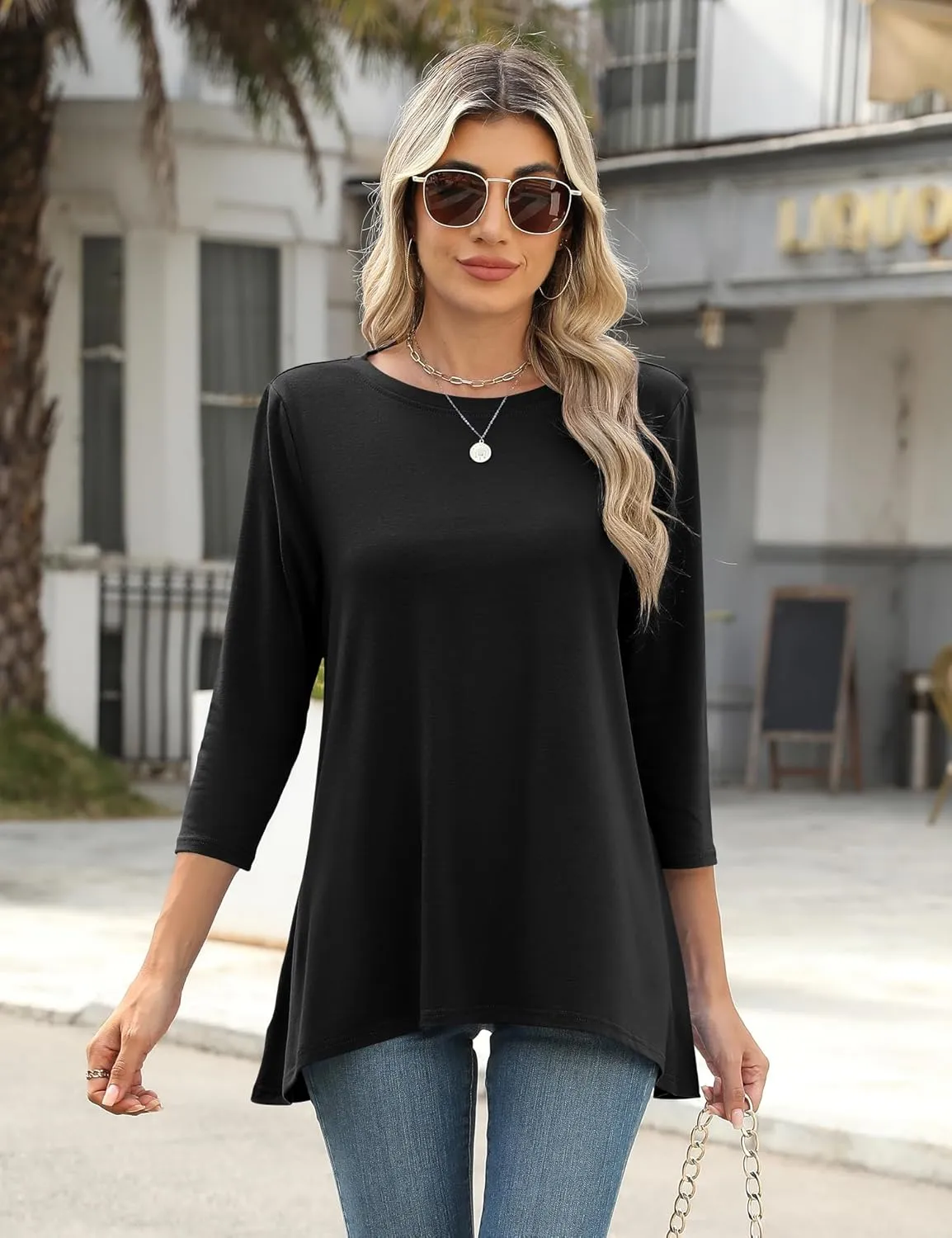 LOMON 3/4 Sleeve Tunic Tops for Women Loose Fit Dressy Casual Blouse Flowy Shirts to Wear with Leggings S-3XL