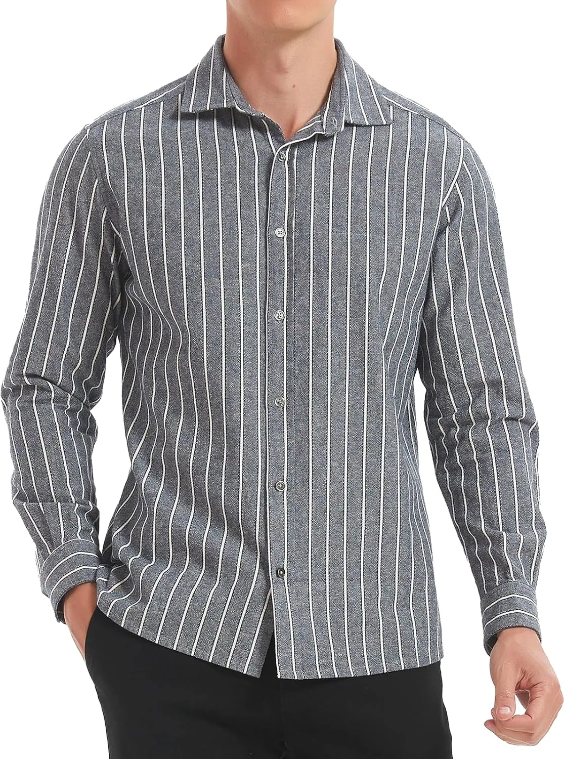 Long Sleeve Shirts for Men Striped Button Down Shirt Mens Casual Dress Shirts Cotton Linen Business Regular Fit Shirt