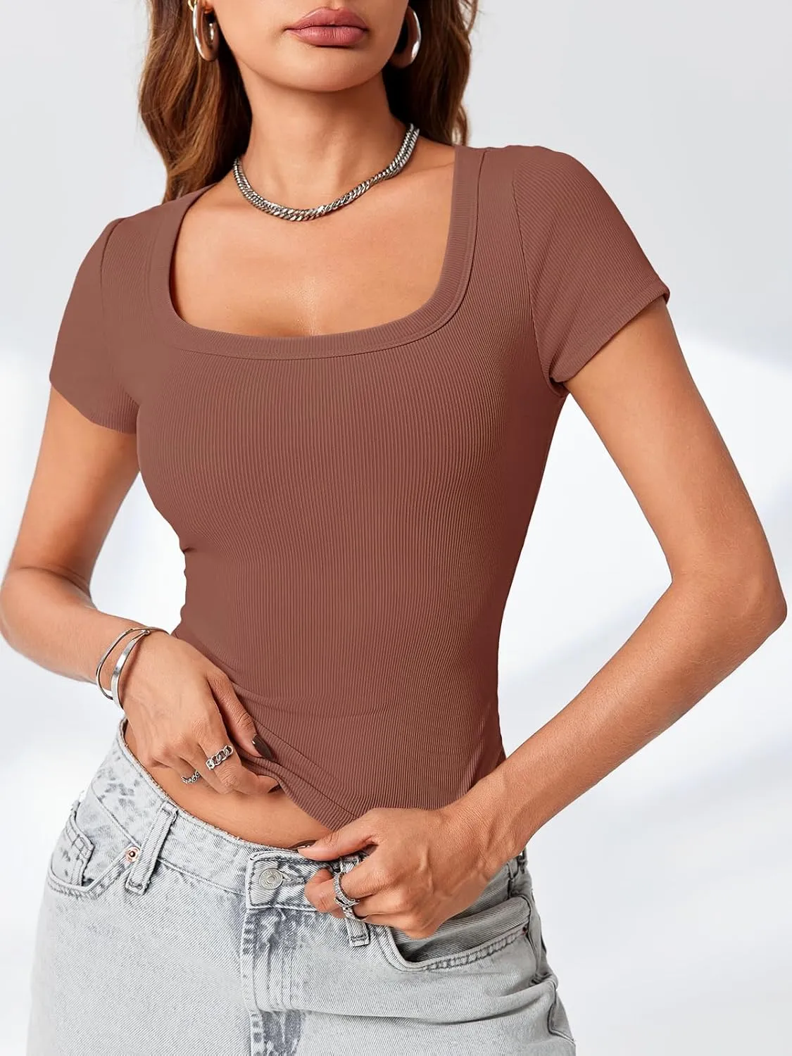 Lynwitkui Womens Scoop Neck Short Sleeve Tops Slim Fit Ribbed Casual Basic T Shirts Tops