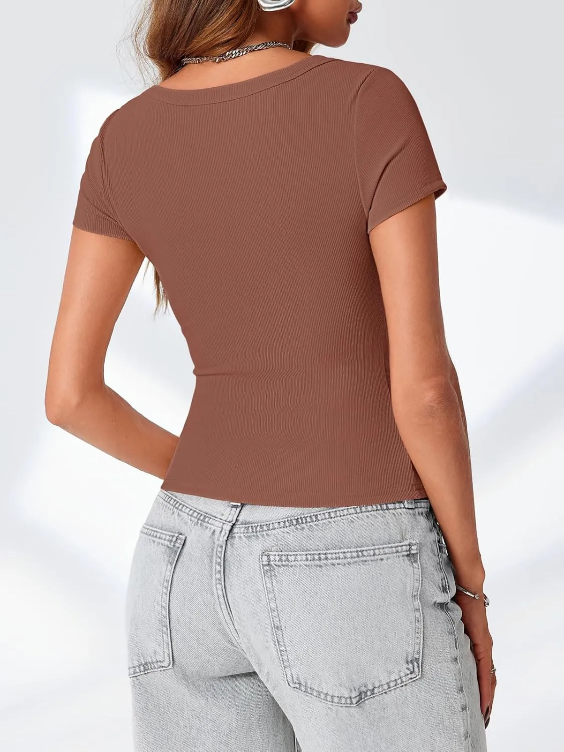 Lynwitkui Womens Scoop Neck Short Sleeve Tops Slim Fit Ribbed Casual Basic T Shirts Tops