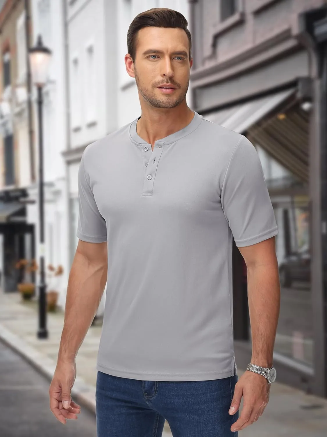 MAGCOMSEN Men's Henley Shirts Short Sleeve Casual Collarless Shirt Quick Dry Summer T-Shirts Golf Workout Tops