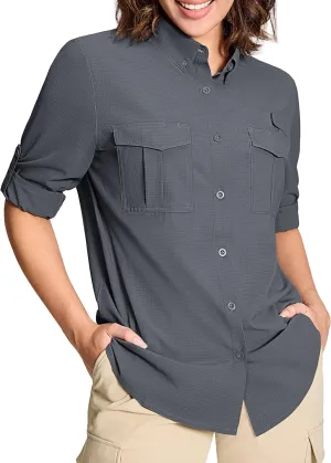 MAGCOMSEN Women's UPF 50  Long Sleeve Fishing Shirts UV Sun Protection Quick Dry Button Down Safari Hiking Travel Shirts