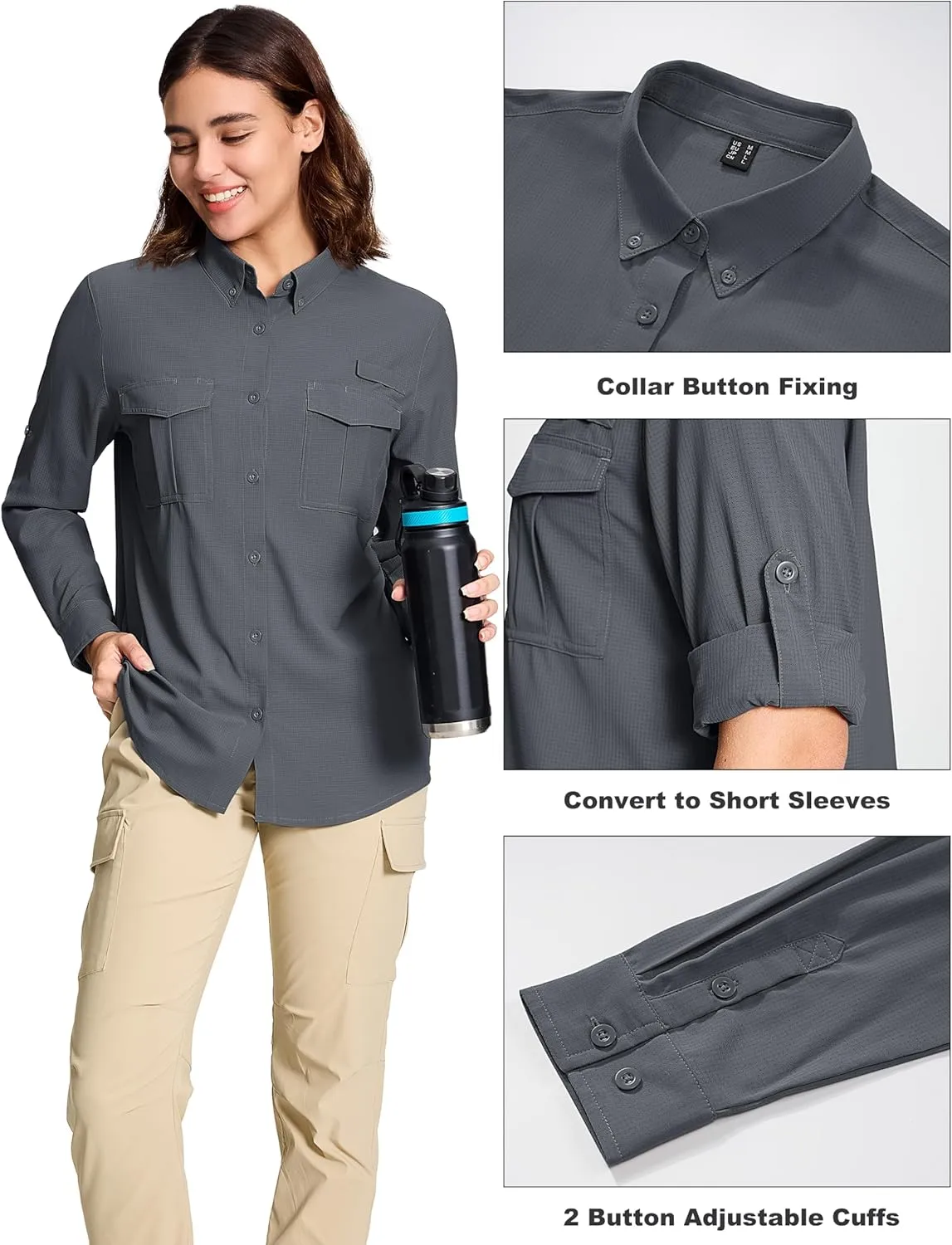 MAGCOMSEN Women's UPF 50  Long Sleeve Fishing Shirts UV Sun Protection Quick Dry Button Down Safari Hiking Travel Shirts
