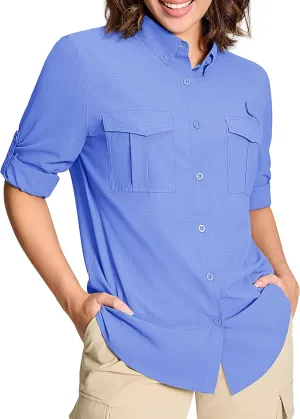 MAGCOMSEN Women's UPF 50  Long Sleeve Fishing Shirts UV Sun Protection Quick Dry Button Down Safari Hiking Travel Shirts